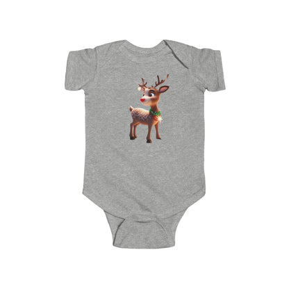 Christmas Reindeer Bodysuit for infants, featuring an adorable cartoon reindeer illustration on a stylish grey romper ideal for Christmas festivities.