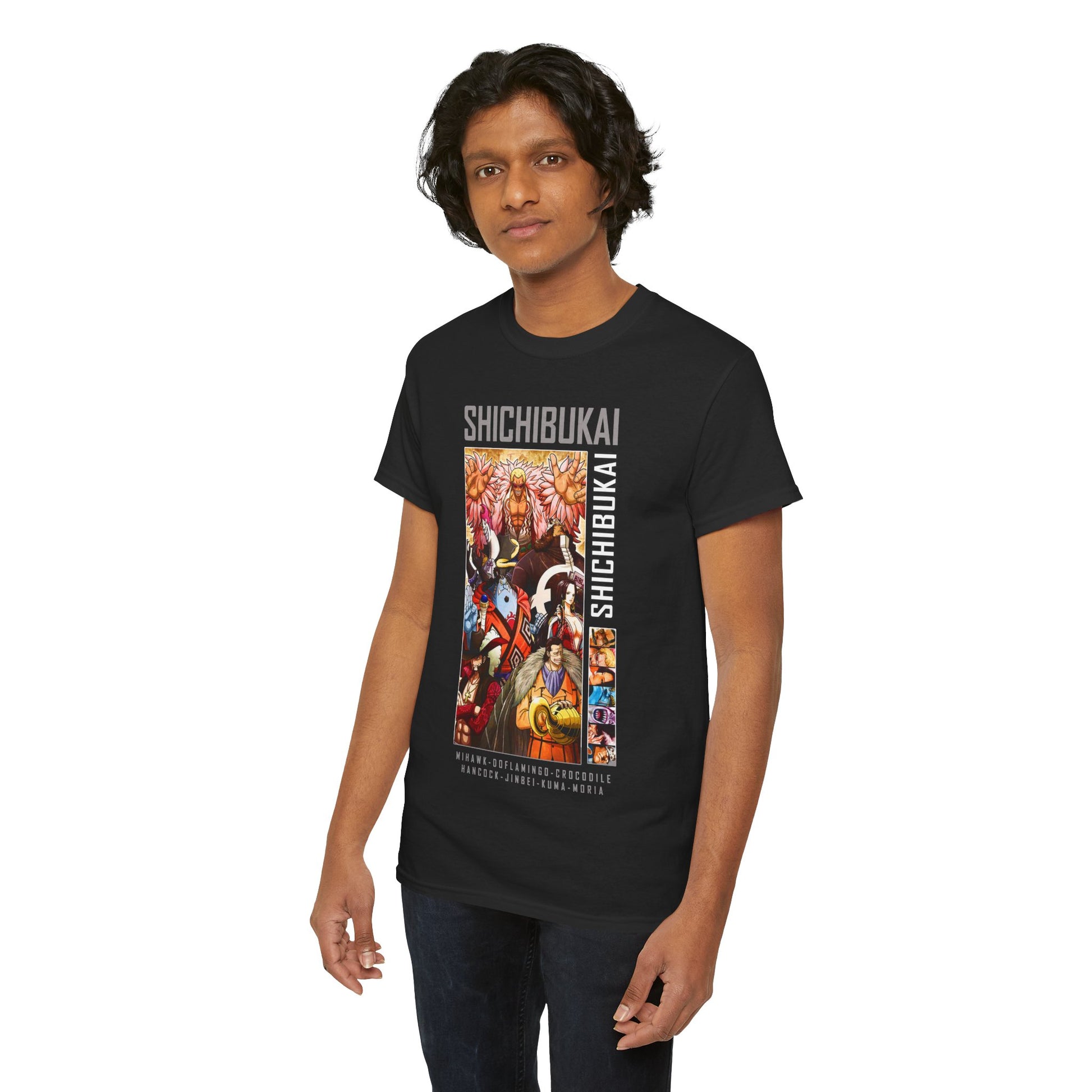 Luxury men's graphic tee featuring a striking Shichibukai design from the renowned One Piece anime, showcasing iconic characters in vibrant colours.