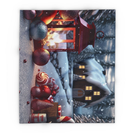 Decorative and Warm Christmas Arctic Fleece Blanket showcasing a charming winter landscape with a lantern, red and silver ornaments, and a backdrop of a cozy, snow-covered cabin, ideal for seasonal warmth.