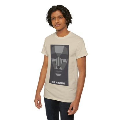 Contemporary male model showcasing a beige unisex t-shirt featuring a stylish geometric face design and the inscription 'BEGIN THE NEXT GAME'.