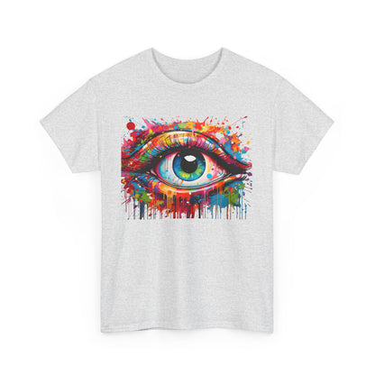 Luxurious grey unisex graphic t-shirt featuring a vibrant eye design in multicolours, showcasing artistic drips and splashes, perfect for creative expression.