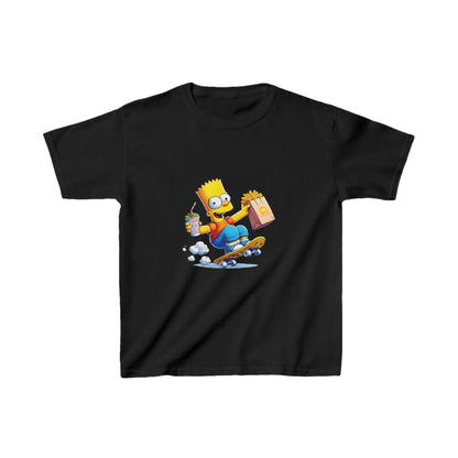 Unisex Kids Bart Simpson Cotton T Shirt Tee Youths Childs - Black shirt featuring Bart Simpson skateboarding with snacks in hand, blending luxury and fun.