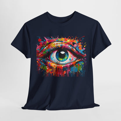 Stylish Visionary Drip Graphic Tee showcasing a striking eye design in an explosion of colours, designed for the discerning unisex fashionista.