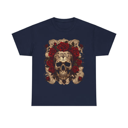 Skulls and Roses Cotton Tee, Unisex Graphic Shirt featuring an intricate skull design surrounded by vibrant red roses, embodying elegance and rebellion.