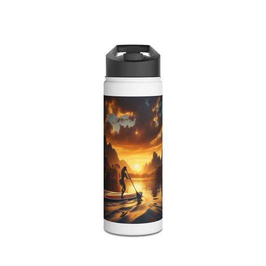 Fantasy Paddleboarding Stainless Steel Water Bottle featuring a stunning sunset and silhouette of a paddleboarder, ideal for luxury hydration on outdoor adventures.