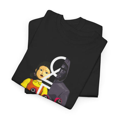 Premium Squid Game-inspired T-shirt folded neatly, featuring bold graphics and rich fabric for a stylish wardrobe addition.