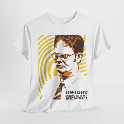 Luxurious graphic t-shirt featuring 'Dwight is My Sensei' design, showcasing a stylized portrayal of Dwight Schrute with warm hues on a pristine white backdrop.