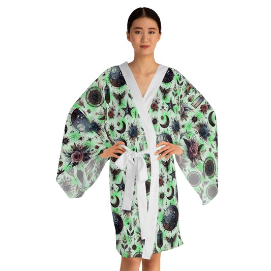 Floral Kimono Robe featuring a mint green floral pattern, designed for women's luxury loungewear, offering chic style and comfort.