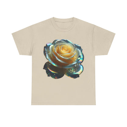 Ethereal Rose Tee Unisex Cotton Graphic T Shirt showcasing a mesmerizing stylized rose design with iridescent effects, capturing elegance and modern artistry.
