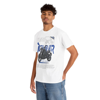 Male model posing confidently in the Stylish Dominar 400 Men's T-Shirt, featuring an eye-catching motorcycle graphic and bold typography, ideal for motorcycle enthusiasts.