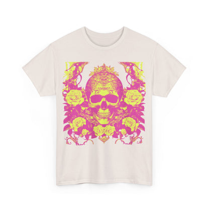 Front view of the Skulls and Roses Cotton Tee featuring striking pink and yellow skull graphic entwined with roses on a soft cream background.