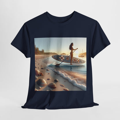 A stylish model wearing the Delightfull Paddle Board T-Shirt by Dazzling Dreams Studio, embodying the spirit of adventure and love for nature.