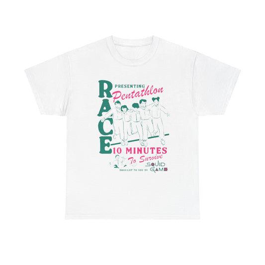 Stylish Squid Game graphic t-shirt in white featuring a bold and whimsical design, perfect for fans of unique streetwear.