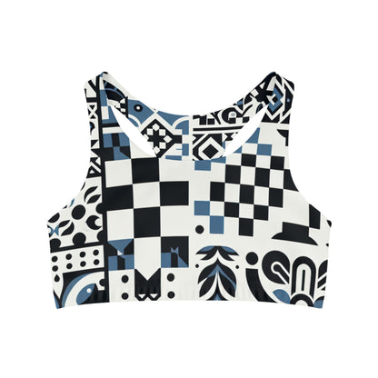 Lorelei Beaumont Checkerboard Sports Bra showcasing a chic checkerboard design in a stylish arrangement, crafted from luxurious microfiber and spandex blend for optimum comfort and flexibility.
