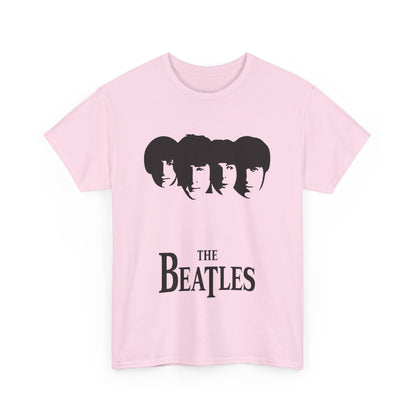 Vintage Beatles Logo Graphic Tee in pink featuring the iconic silhouettes of The Beatles on a stylish unisex cotton t-shirt, ideal for music lovers.