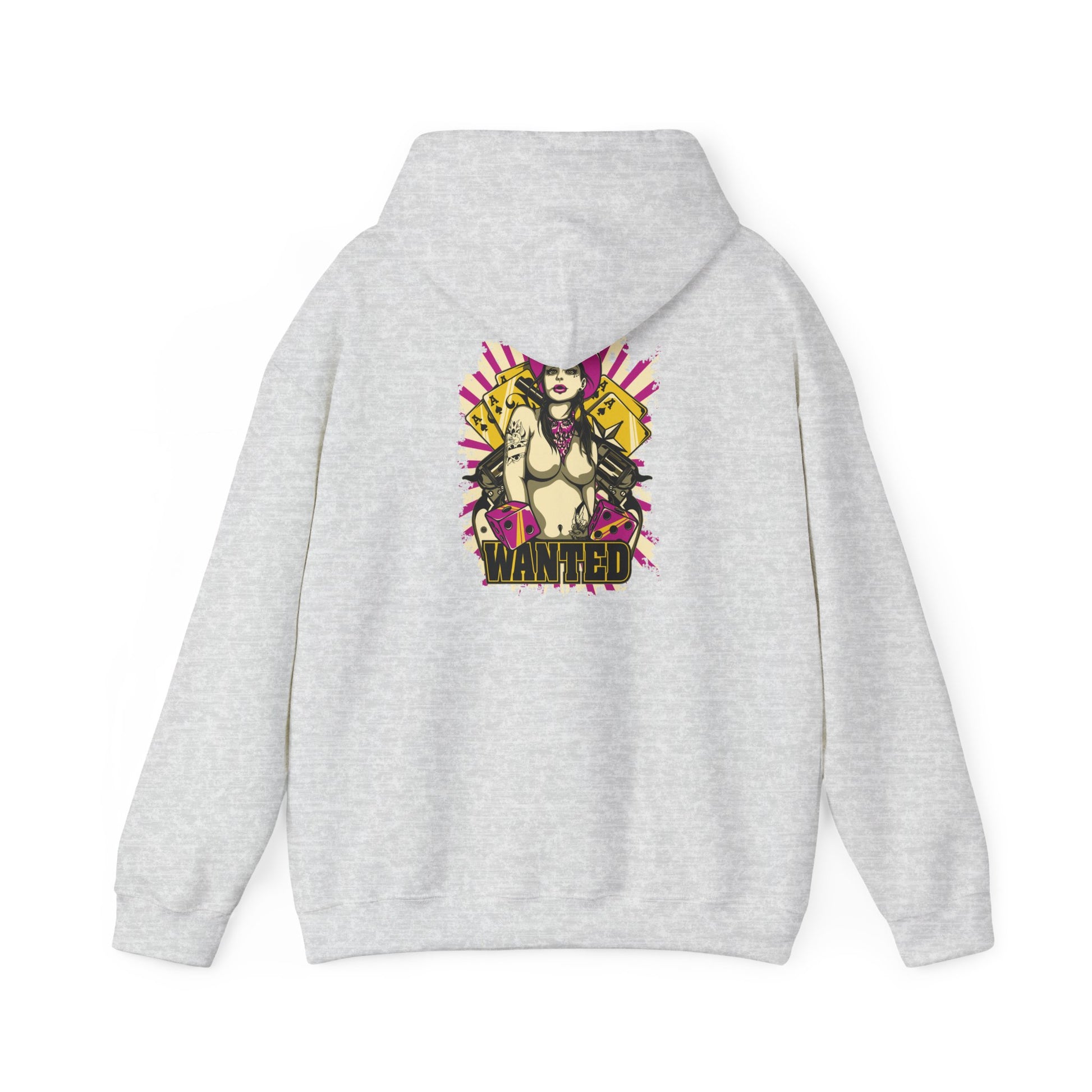 Chic grey hoodie with a striking back print of a fearless female figure under the ‘WANTED’ banner, emphasising edgy style with a luxurious touch.