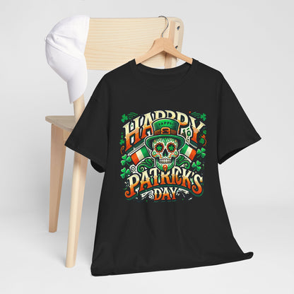 Chic St Patricks Day unisex graphic t-shirt draped over a wooden chair, displaying a colourful sugar skull design perfect for parties.