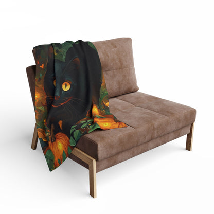 Decorative and Warm Halloween Spooky Arctic Fleece Blanket draped elegantly over a modern chair, featuring a black cat and pumpkins, perfect for luxurious Halloween ambiance.