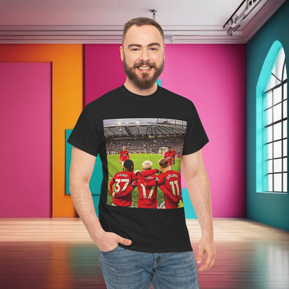 Fashionable Manchester United Mainoo Garnacho Hojlund T-Shirt worn by a man, emphasising comfort and style while celebrating team spirit.