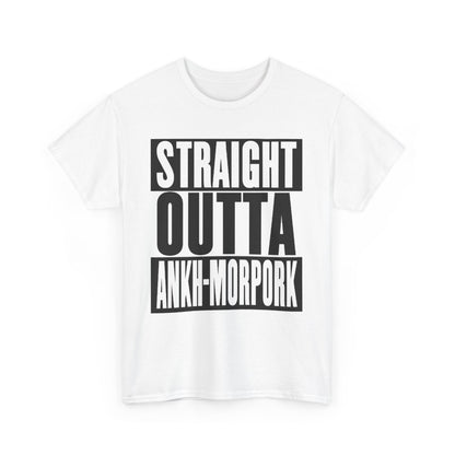 Luxury Discworld Ankh Morpork graphic t-shirt featuring bold black lettering stating 'STRAIGHT OUTTA ANKH-MORPORK', perfect for fans of whimsical fantasy.