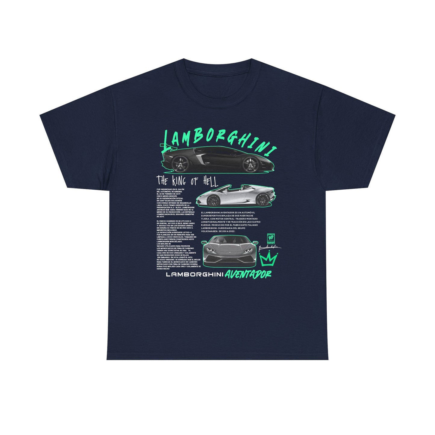 Navy blue Lamborghini Aventador men’s t-shirt highlighting bold graphics and intricate details of the supercar, a perfect blend of art and automotive passion for discerning enthusiasts.