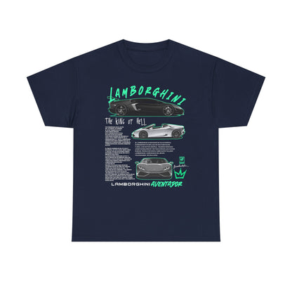 Navy blue Lamborghini Aventador men’s t-shirt highlighting bold graphics and intricate details of the supercar, a perfect blend of art and automotive passion for discerning enthusiasts.