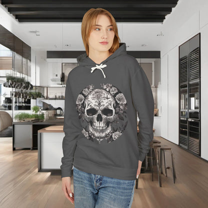 Unisex Lightweight Hooded Sweatshirt showcasing a striking skull and roses design, modelled in a stylish kitchen setting.