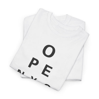 Elegant stacked unisex t-shirts with the title ‘Open Your Eyes’ displayed in a striking black eye chart font, designed for playful sophistication.