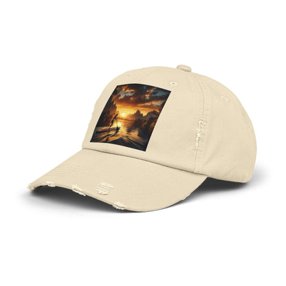Unisex Distressed Paddleboarders Cap - Stylish Sun Protection for Adventurous Water Lovers, showcasing a chic, neutral tone with a stunning paddleboarding sunset graphic.