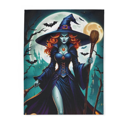 Elegant Halloween decorative blanket featuring a mystical witch with red hair, set against a full moon and bats. This luxurious Cute Arctic Fleece Blanket adds a warm and festive touch to your Halloween celebration.