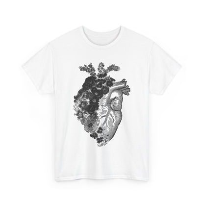 Stylish unisex t-shirt in pure white, showcasing a sophisticated black and grey illustration of a floral heart, representing the harmony between structure and organic beauty.