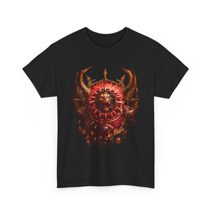 Elegant unisex black t-shirt showcasing an artistic Warhammer design, featuring a bold crimson shield with intricate details and a dramatic central figure, ideal for casual luxury wear.
