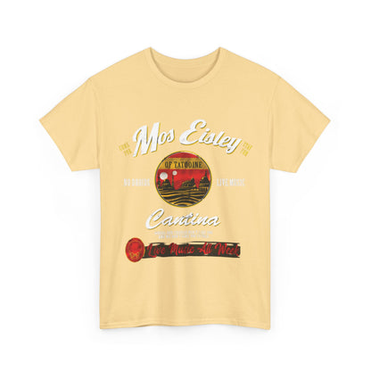 Star Wars Mos Eisley Cantina Graphic T-Shirt in soft yellow, adorned with retro graphic design, ideal for fashion-forward fans.