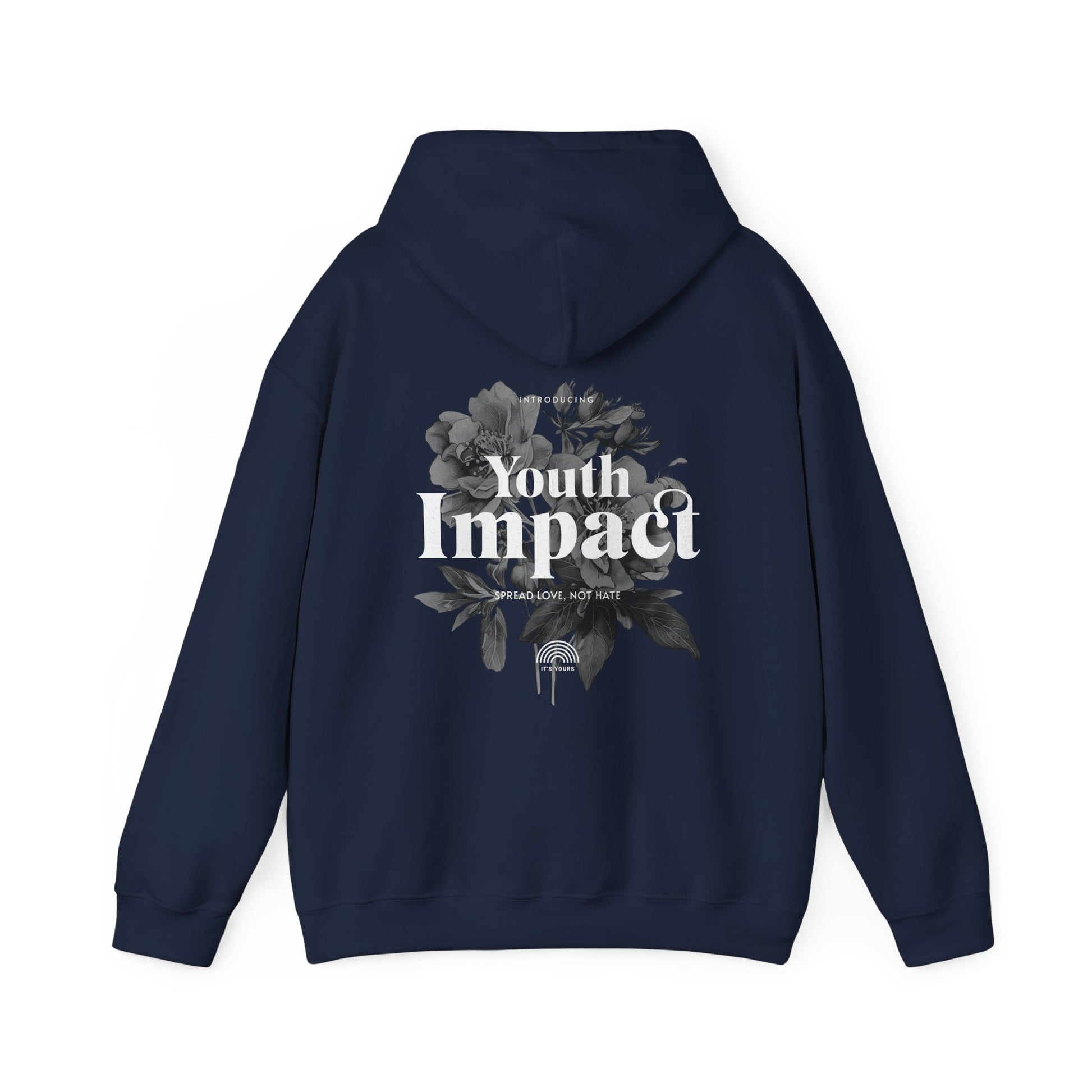 Youth Impact Back Print Hoodie in navy featuring intricate monochrome floral design and bold typography, showcasing a powerful message of positivity.