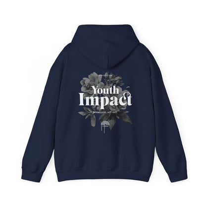 Youth Impact Back Print Hoodie in navy featuring intricate monochrome floral design and bold typography, showcasing a powerful message of positivity.