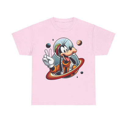Blast Off with Goofy Astronaut Graphic Unisex Graphic Tee Shirt in pink, depicting Goofy in a bright orange space suit amidst swirling planets and stars.