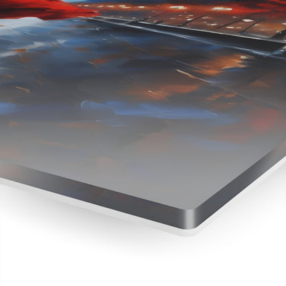 Captivating Enchantment: City Stroll Acrylic Print highlighting the sleek profile and glossy finish of the artwork, capturing vibrant colours and reflections.