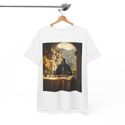 Chic white t-shirt elegantly displayed on a hanger, featuring a striking Darth Vader illustration set against a stunning Mediterranean backdrop, perfect for modern fashion.