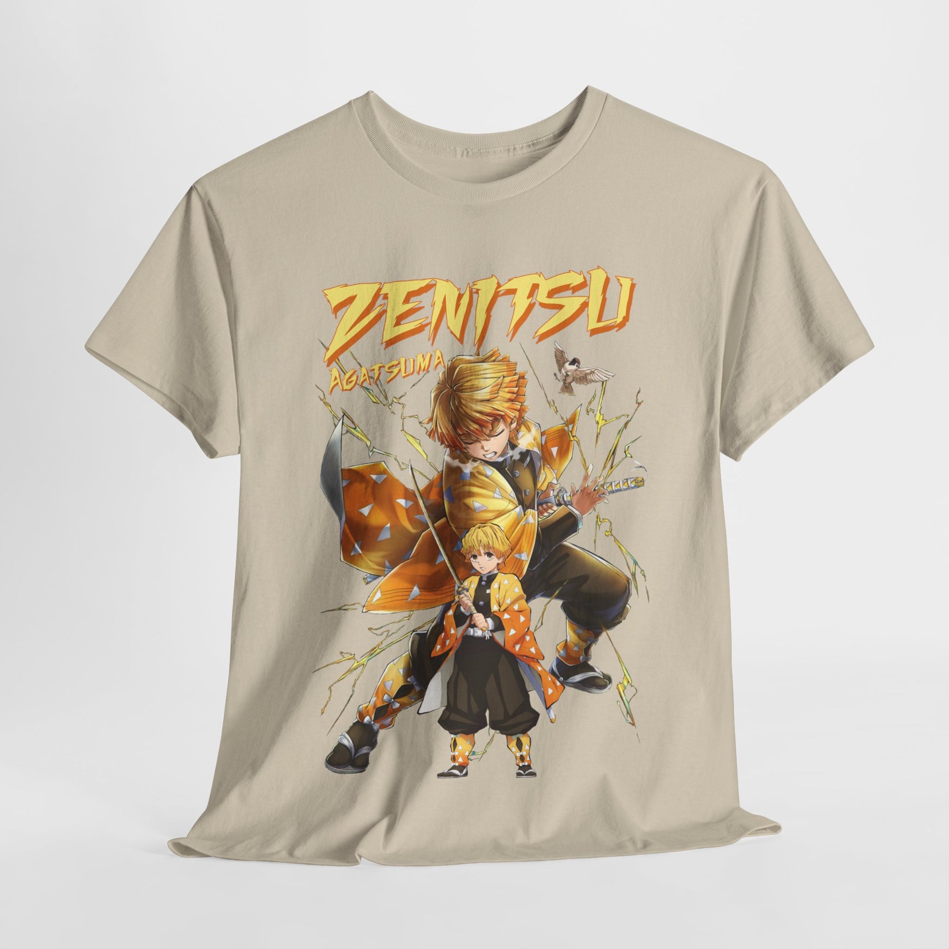 Premium quality Zenitsu Agatsuma t-shirt displayed elegantly, showcasing striking graphics and a luxurious, soft cotton fabric.