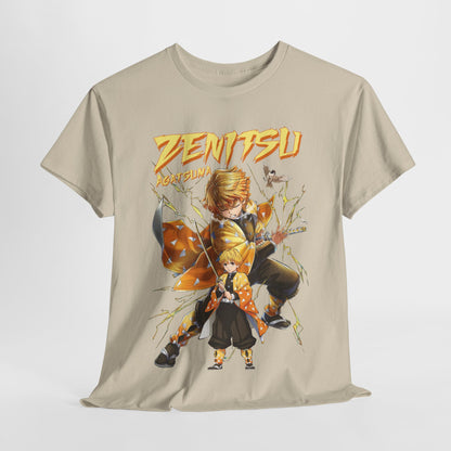 Premium quality Zenitsu Agatsuma t-shirt displayed elegantly, showcasing striking graphics and a luxurious, soft cotton fabric.