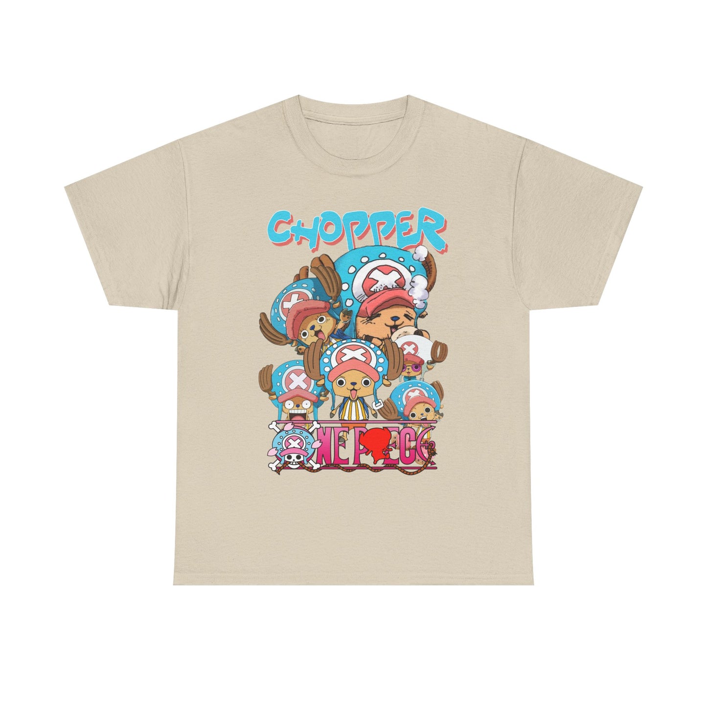 Stylish beige t-shirt adorned with a vibrant Chopper design and bold typography, designed for discerning anime lovers and casual wear.