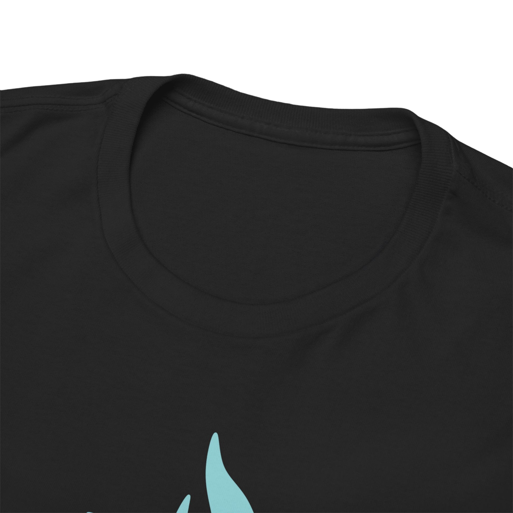 Close-up view of a luxurious black men's t-shirt neckline displaying a vibrant graphic of Luffy, set against striking teal flames, combining comfort and style.