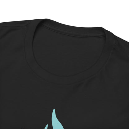 Close-up view of a luxurious black men's t-shirt neckline displaying a vibrant graphic of Luffy, set against striking teal flames, combining comfort and style.