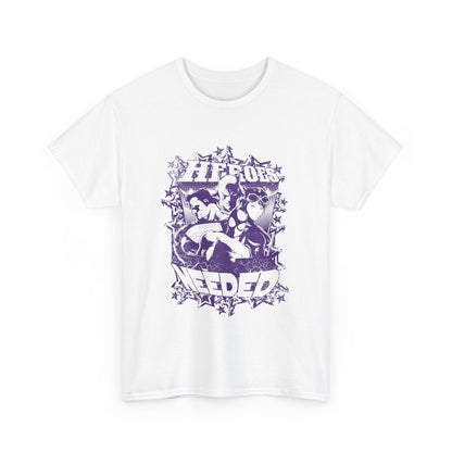 Dynamic Men's T-Shirt Bold Heroes Graphic Design featuring iconic superheroes, showcasing vibrant purple hues and bold typography, perfect for fashion-forward individuals.