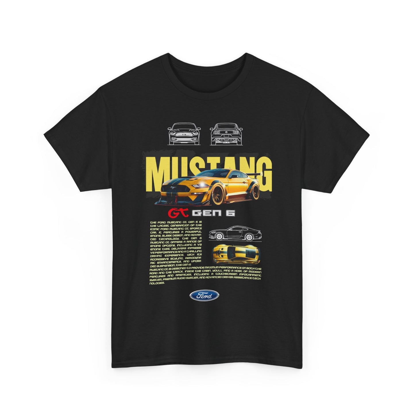 Luxury black Ford Mustang GT Gen 6 T-shirt featuring a striking graphic of a vibrant yellow Mustang, detailed with bold typography and performance features.