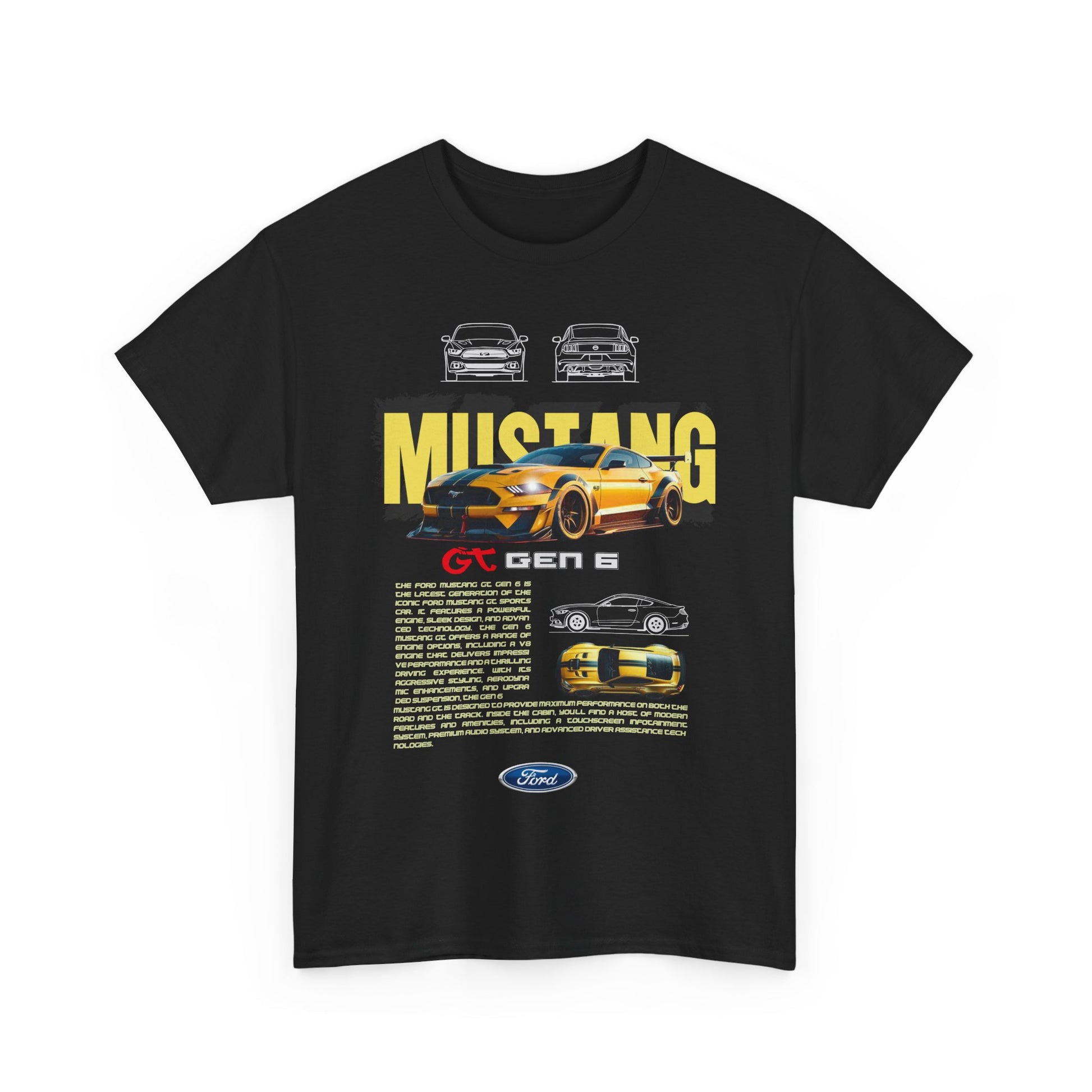 Luxury black Ford Mustang GT Gen 6 T-shirt featuring a striking graphic of a vibrant yellow Mustang, detailed with bold typography and performance features.