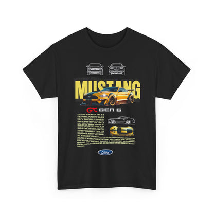 Front view of an exquisite black t-shirt featuring a vibrant graphic of Ford Mustang GT Gen 6, capturing the essence of automotive excellence.