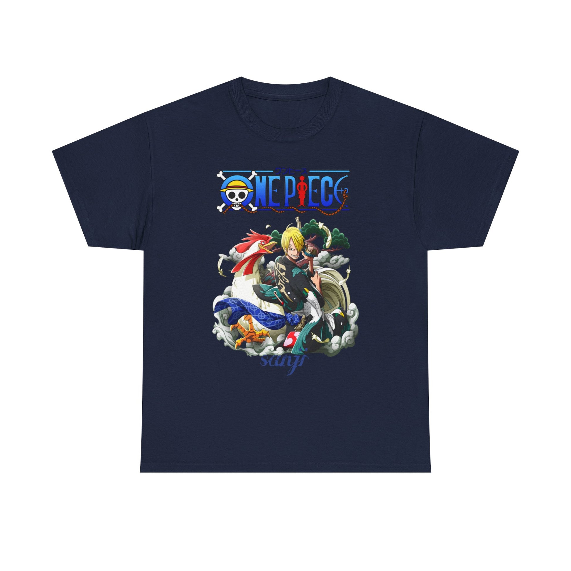 Chic men's t-shirt in a sophisticated navy colour, displaying a vibrant Sanji graphic from One Piece, ideal for fashion-forward anime fans.