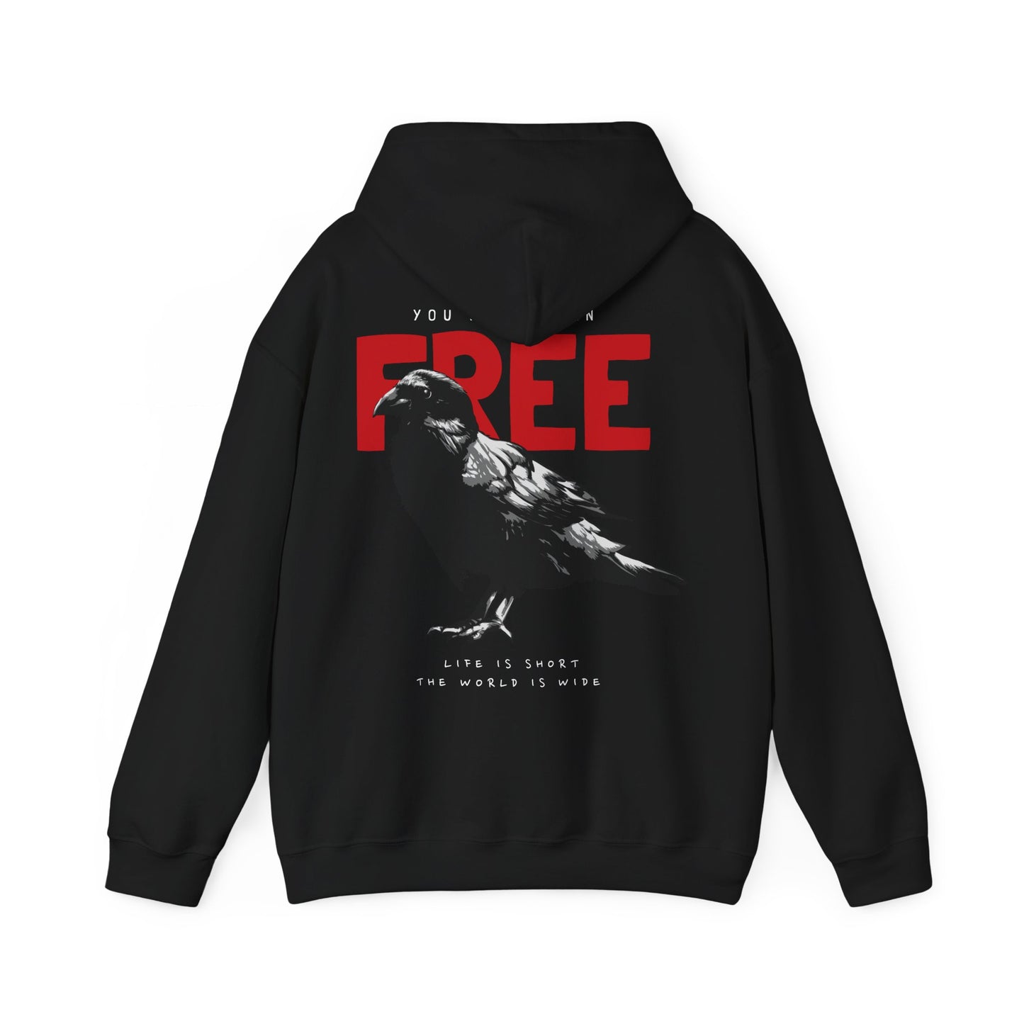 Sophisticated black hoodie showcasing a captivating raven illustration with vibrant red lettering stating 'YOU WERE BORN FREE'. The artistic quote below adds a touch of elegance, ideal for those seeking a luxurious and meaningful fashion statement.