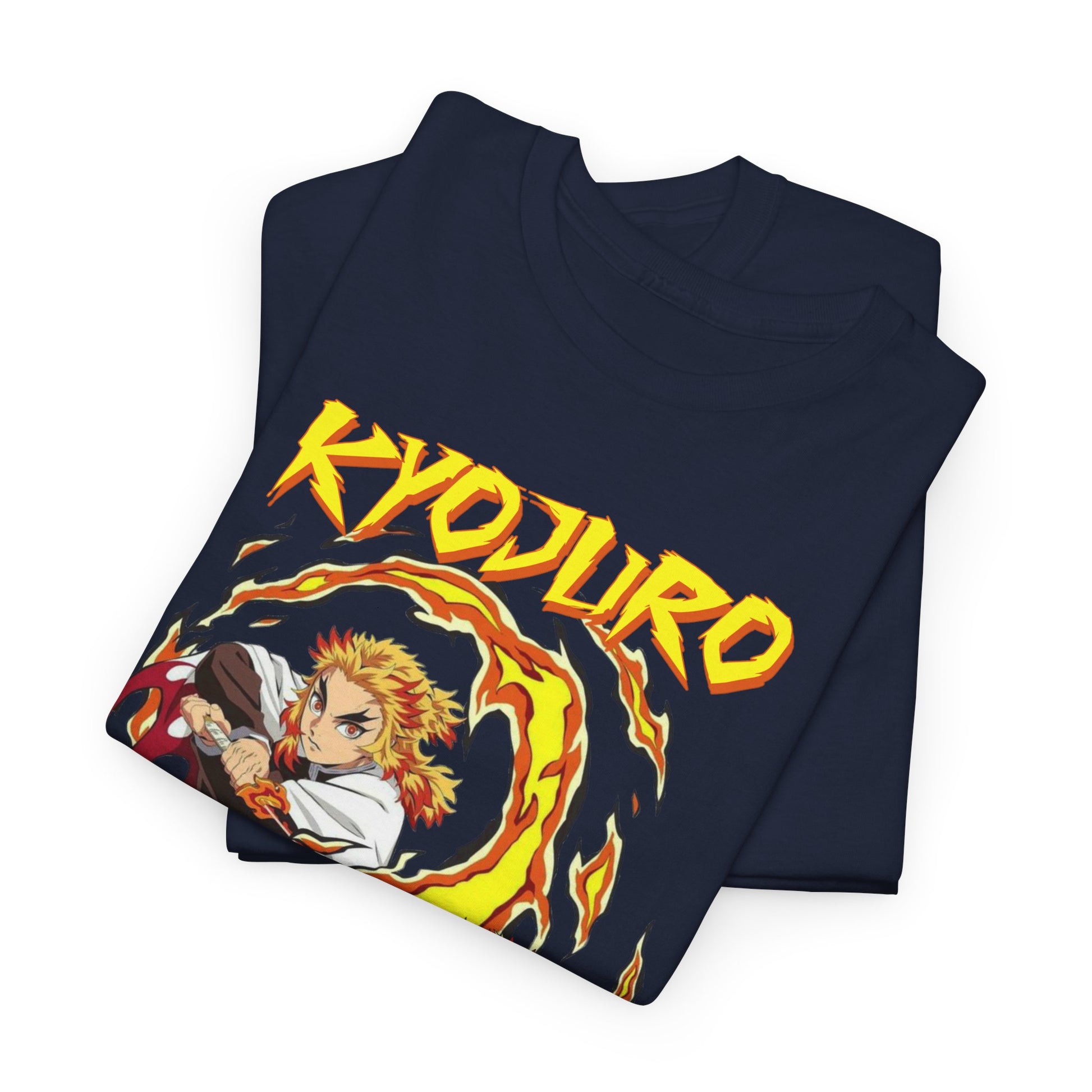 Luxurious Kyojuro Rengoku anime t-shirt featuring a stunning flame design, crafted for anime enthusiasts and made from premium quality material.